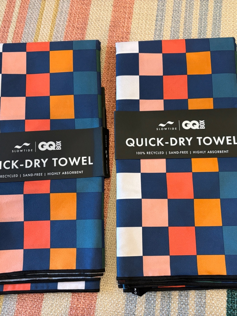 Slowtide Quick-Dry Towel - Navy Blue, Orange & Pink Check Set of 2
